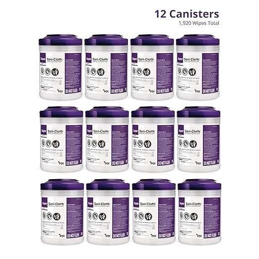 Super Sani-Cloth Germicidal Disposable Wipe, Hospital Grade Disinfection, 160 Large 6" x 6.75" Wipes Each, Case of 12 Canisters