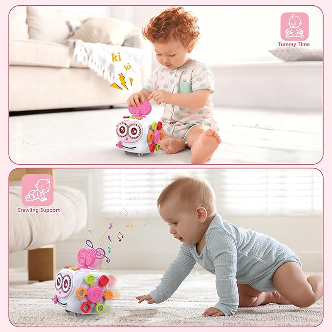 Musical Montessori Toys, Cube Sensory Toys for Toddlers 1-3 with Light-up, Baby Busy Educational Learning Activities Robot Toy for for 1 2 3 Year Old - Pink