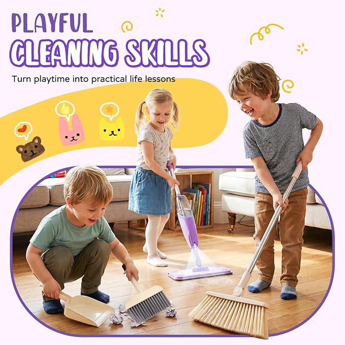 Kids Cleaning Toy Set,Purple Mini Spray Mop Montessori Toys Pretend Play Cleaning Tool for Toddlers with Spray Mop & Kids Broom Dustpan Set Cleaning Toys Gift for Toddlers Girls Boys Age 3+