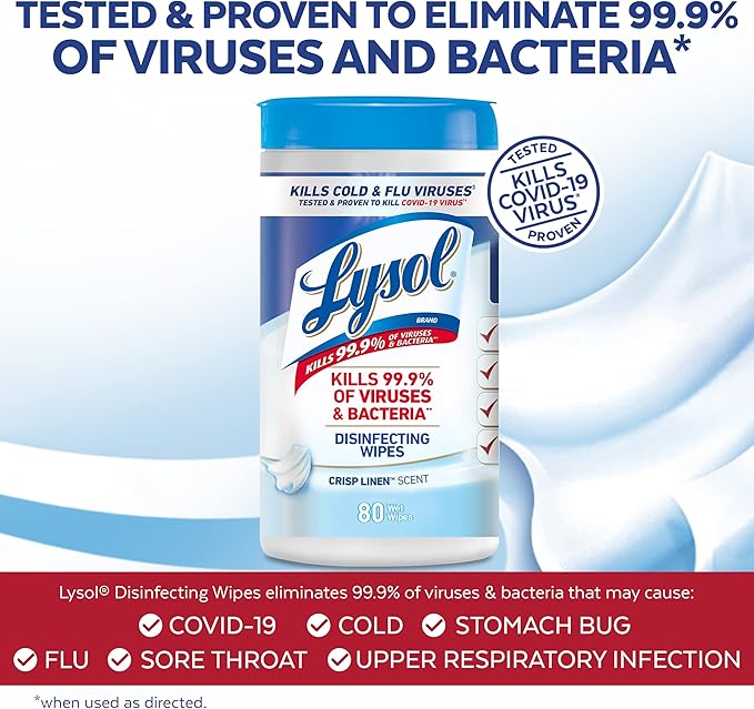 Lysol Disinfectant Wipes, Dorm Room Essentials, Multi-Surface Antibacterial Cleaning Wipes, For Disinfecting and Cleaning, Crisp Linen, 80 Count