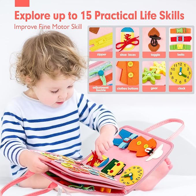 hahaland Toddler Busy Board Montessori Toys for 3 Year Old Girl Gifts, Educational Learning Toys with Life Skills, Alphabet, Number, Shape, Color, Easter Basket Stuffers Travel Sensory Busy Book Age 3