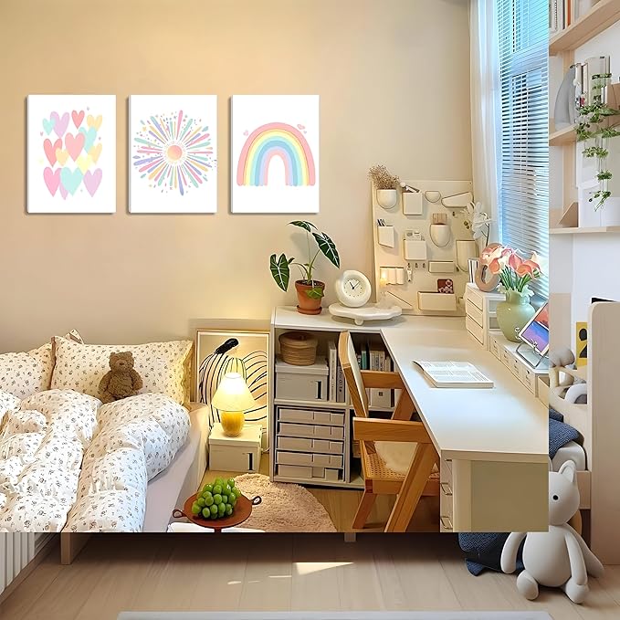 Framed Girls Rainbow Canvas Wall Art Set of 3, Colorful Boho Sun Nursery Wall Decor Painting, Kids Heart Picture Posters Prints for Classroom Kids Room Baby Room Bedroom Dorm Decor 12x16 In