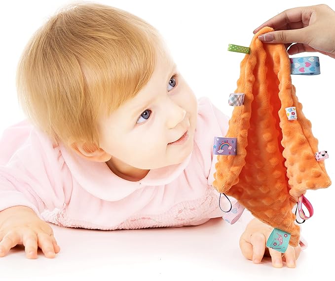 CREVENT Tag Security Blankets for Babies, Soft Small Loveys for Girls Boys, Baby Comforter Sensory Blanket, Great Gifts for Birthday Baby Shower (10"X10" Orange Tag)