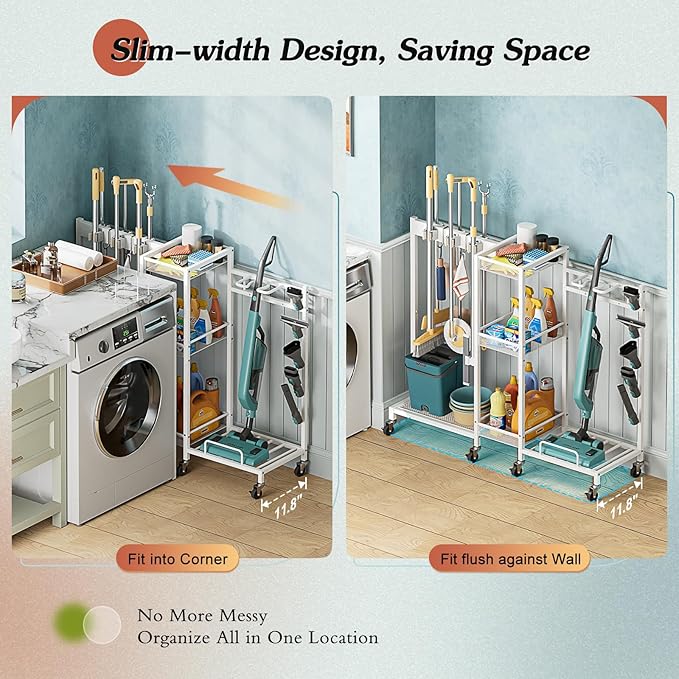Broom Holder with Cleaning Supplies Organizer, Broom Closet Storage Cabinet with Cleaning Caddy Vacuum Stand, Cleaning Cart with Mop Hanger Gripper Rack Hook, Laundry Room Organization Home Essentials