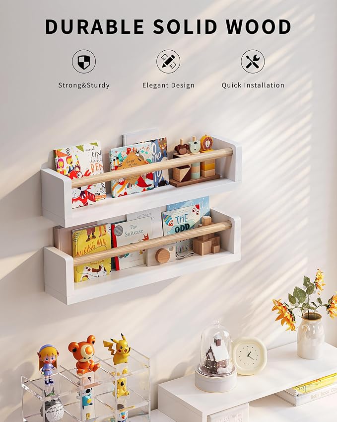 Nursery Book Shelves, 4 Pack, Wall Book Shelves for Kids Room, Baby, Toddler, Nursery Decor (White Wood, 16.5 Inches)