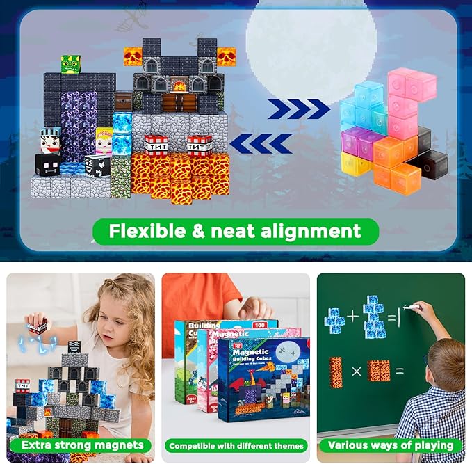 100PCS Magnetic Blocks - Dark Castle Set Magnetic Building Blocks, Stacking Magnets for Kids, Strong Magnets, Sensory Toy for STEM Learning Toys for Kids 3+ Boys and Girls Christmas Birthday Gifts