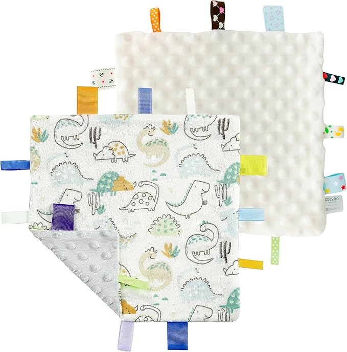 CREVENT Tag Security Blankets for Babies, Soft Small Loveys for Girls, Baby Comforter Sensory Blanket, Great Gifts for Birthday Baby Shower 10"X10" (Dinosaur+Ivory)