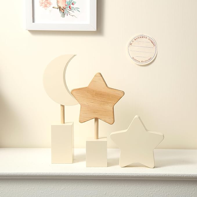 Barydat 3 Pcs Boho Nursery Shelf Decor Wooden Moon and Star Nursery Decor Set Cute Bohemian Children Kids Decoration for Boys Girls Farmhouse Bedroom Kindergarten Classroom Playroom Bookshelf