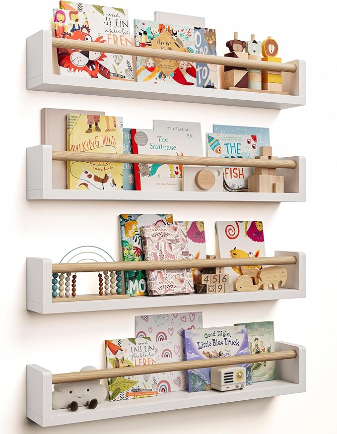 Nursery Book Shelves, 4 Pack, Wall Book Shelves for Kids Room, Baby, Toddler, Nursery Decor (White Wood, 23.1 Inches)