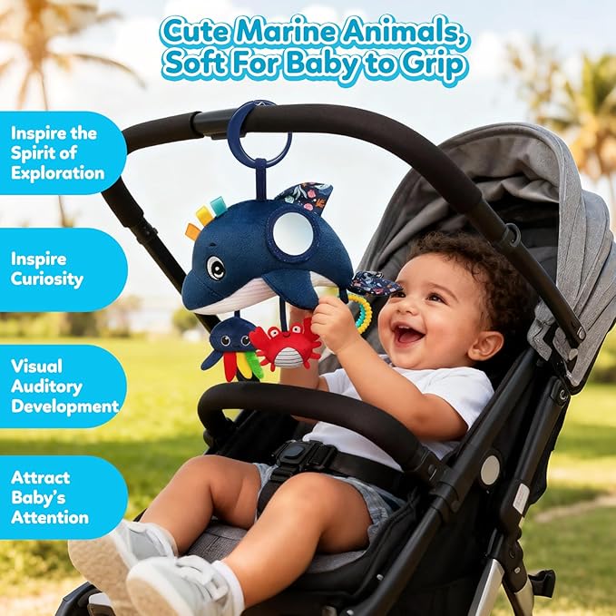 TSYAN Car Seat Toys for Babies 0-12 Months,Hanging Baby Activity Toy for Car seat,Stroller,Crib & Gym,Infant Plush Rattle with Mirror, Crinkle, Clip-On for Boys & Girls