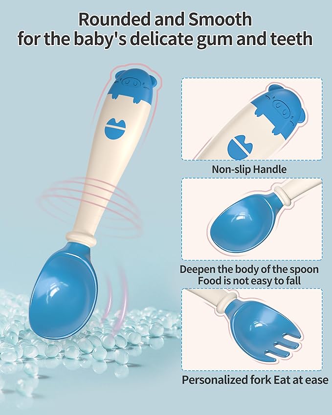 Deejoy Toddler Utensils, Self-feeding Flatware Set withTravel Case, Baby Spoons and Forks with Silicone Bendable Handle, Easy Grip Heat-Resistant, Ideal for Kids, Stage 2, Blue
