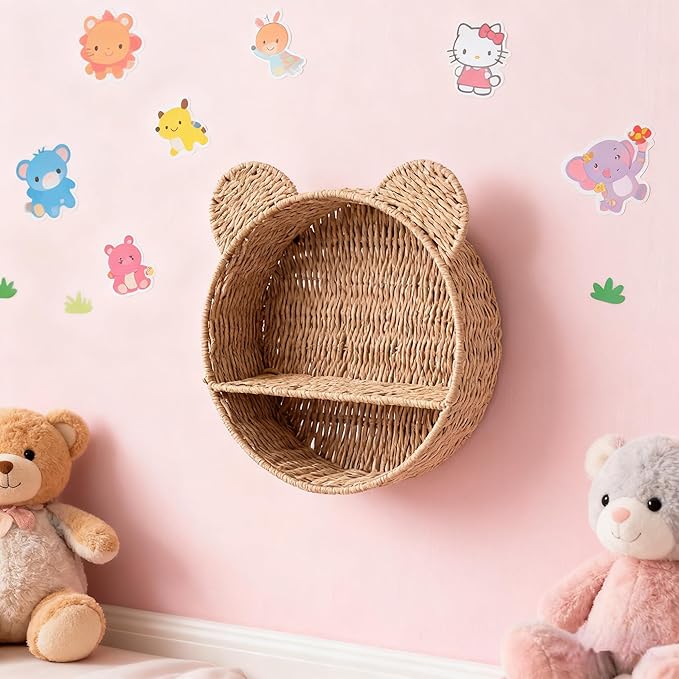 Bear Rattan Wall Shelf, Handwoven Wicker Nursery Shelf for Wall, Wall-Mounted Floating Display Shelf Organizer for Small Books, Toys & Decor