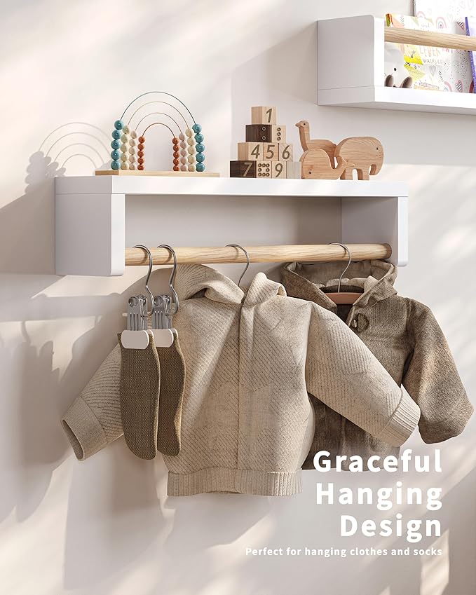 Nursery Book Shelves, 4 Pack, Wall Book Shelves for Kids Room, Baby, Toddler, Nursery Decor (White Wood, 16.5 Inches)