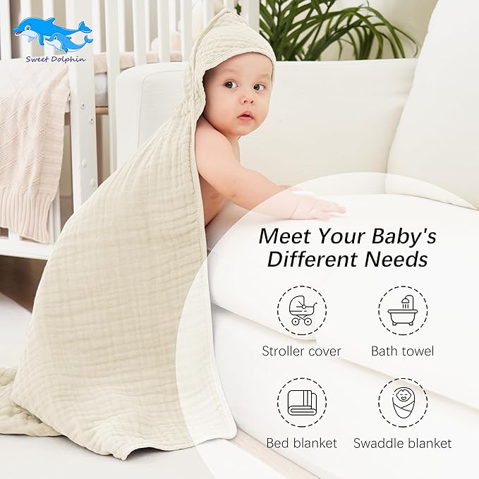 SWEET DOLPHIN Muslin Hooded Baby Bath Towels - 2 Pack 100% Cotton Towel for Babies, Infants, Toddlers - 32x32Inch - Highly Absorbent and Newborn Essential, Ivory and Brown