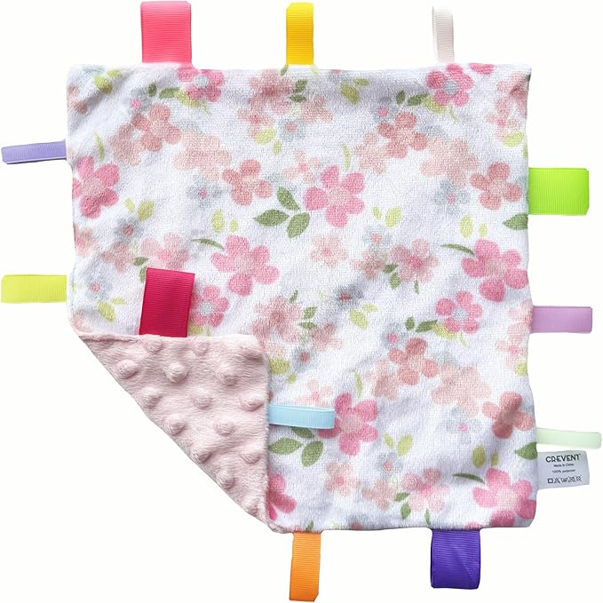 CREVENT Tag Security Blankets for Babies, Soft Small Loveys for Girls, Baby Comforter Sensory Blanket, Great Gifts for Birthday Baby Shower 10"X10" (Wildflow+Purple)