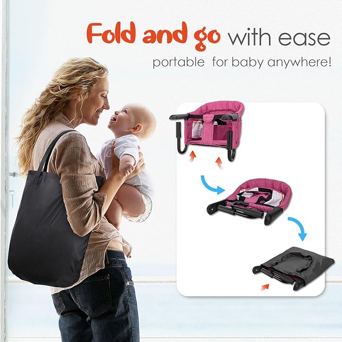 Hook On High Chair - Portable & Foldable for Babies 6-36 Months, Family & Travel Use with Carry Bag(Rose Red)