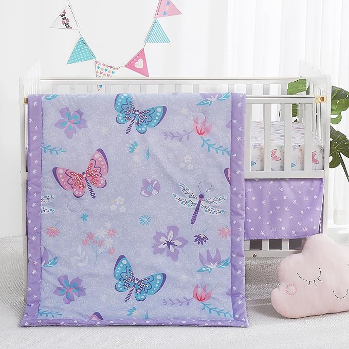 3 Piece Baby Crib Bedding Set, Infant Nursery Bed Set Decor with Quilt + Fitted Crib Sheet + Skirt, Baby Bedding Set Breathable and Soft for Baby Boy and Girl - Purple Butterfly