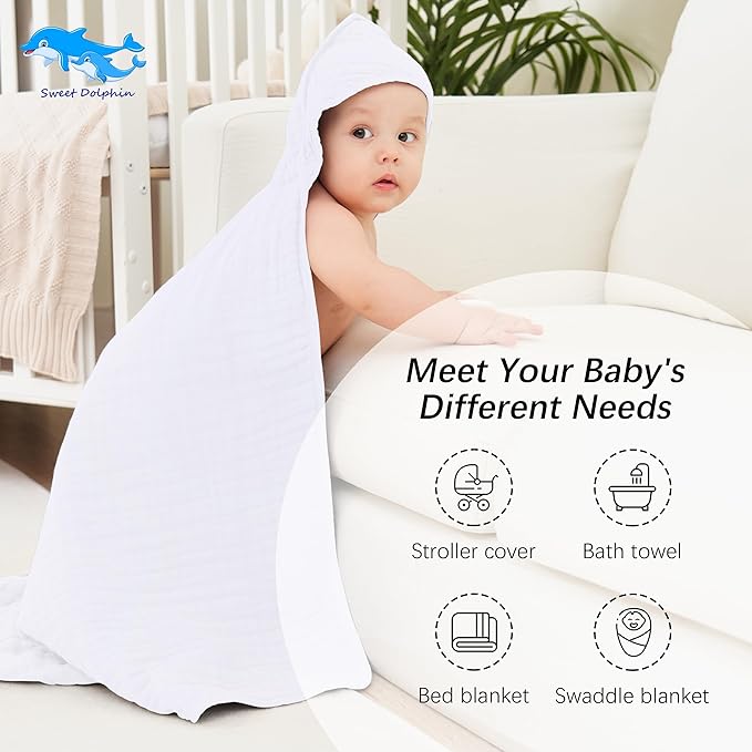 SWEET DOLPHIN Muslin Hooded Baby Bath Towels - 2 Pack 100% Cotton Towel for Babies, Infants, Toddlers - 32x32Inch - Highly Absorbent and Newborn Essential, White