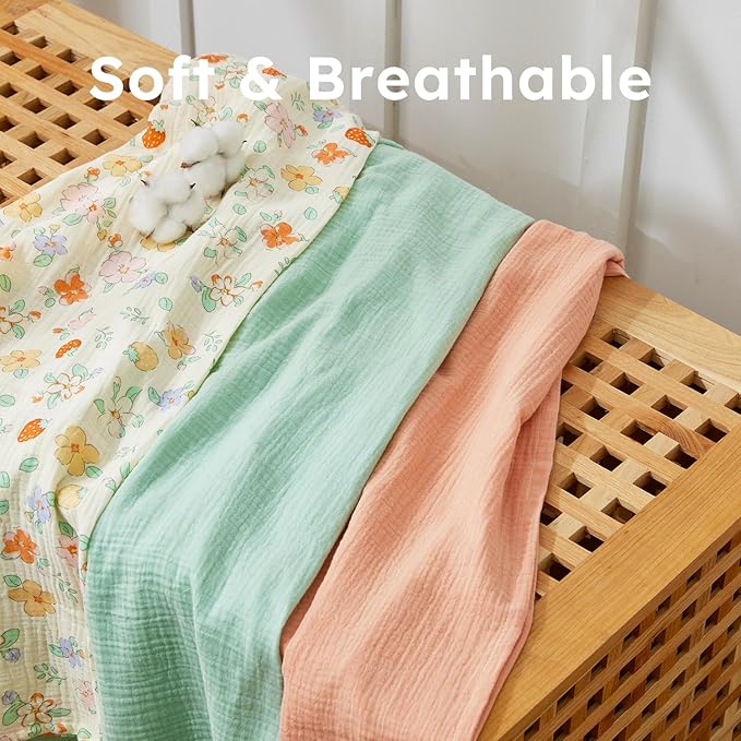 5 Pack Muslin Swaddle Blankets & Baby Burp Cloths, Soft & Breathable Cotton Baby Blankets, Receiving Blankets for Newborn, Nursery Infant Essentials, Swaddling Wrap for Unisex (Pink & Green)