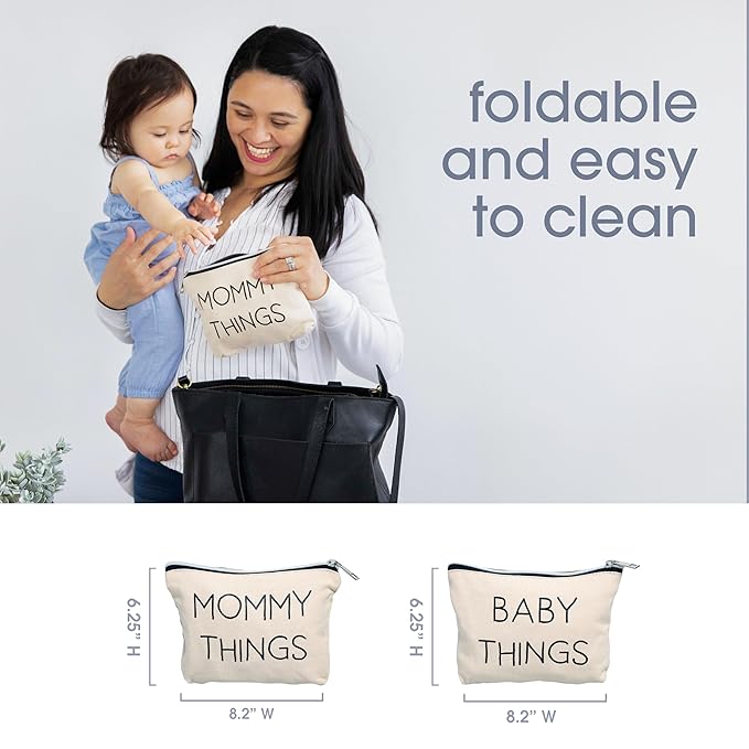 Pearhead Mommy and Baby Things Pouch Set, Canvas Zipper Organizer Bags for Diaper Bag and Travel, Cosmetic and Makeup Bag for Mom, Hospital Bag Essentials