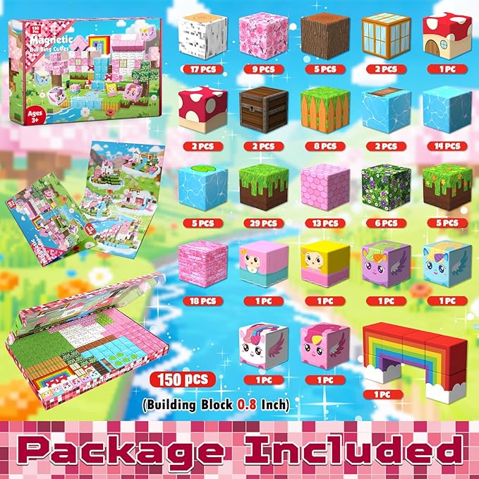 Goody King 150PCS Magnetic Blocks - Unicorn Magnetic Building Blocks, Stacking Magnets for Kids, Strong Magnets, Sensory Toy for STEM Learning Toys for Kids 3+ Boys and Girls Christmas Birthday Gifts