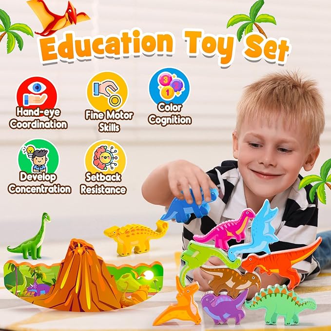 Dinosaur Toys for Kids 3-8 Kid Wooden Stacking Blocks Montessori Toy for 3 4 5 6 7 8 Year Old Boys Girls Christmas Birthday Gifts Toddler Balance Game Ages 3-5 Toys for Boy Girl Age 5-7