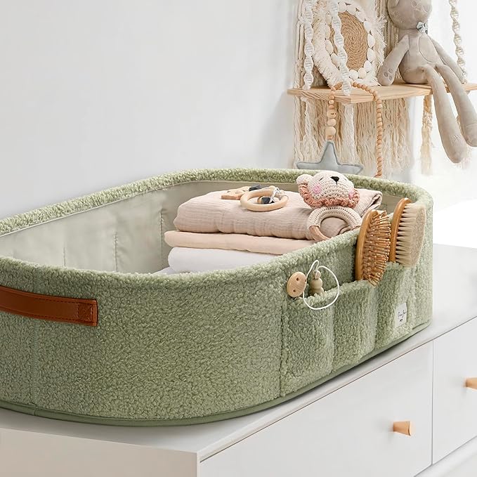 PeraBella Baby Changing Basket for Dresser Top, Baby Moses Basket for Newborn, Portable Diaper Changing Pad Table Topper for Dresser, Includes Diaper Caddy Organizer with Handle, Moses Bassinet Mat | Plush Exterior, Breathable Pad, Waterproof Layer, St...
