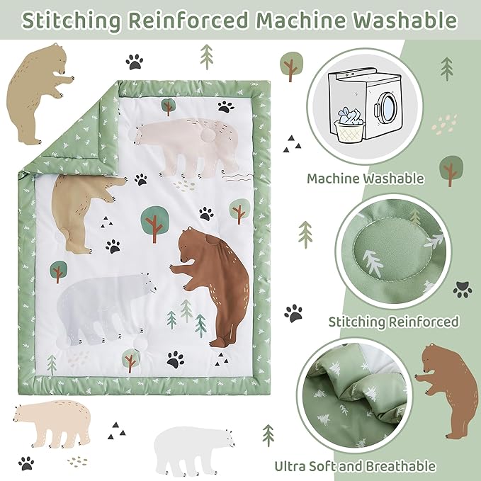 3 Piece Baby Crib Bedding Set, Infant Nursery Bed Set Decor with Quilt + Fitted Crib Sheet + Skirt, Baby Bedding Set Breathable and Soft for Baby Boy and Girl - Forest Bear