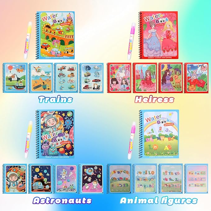 8 Pack Reusable Water Coloring Books for Toddlers, Paint with Water Books,Mess-Free Coloring Book, Portable Educational Doodle Drawing Toy, Improving Children's Imagination, Color Perception