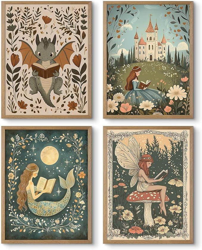 Nursery Fairy Dragon Wall Art Baby Room Reading Book Wall Decor Vintage Girl Dinosaur Canvas Prints Boy Whimsical Fantasy Poster Fairytale Princess Pictures Painting for Bedroom 8x10x4 Inch Unframed