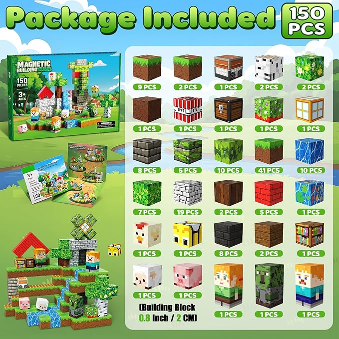Magnetic Blocks, 150PCS Magnetic Building Blocks, Stacking Magnets for Kids, Sensory Toy for STEM Constructions Magnet Blocks for Boys Girls Age 3+, Christmas Birthday Gifts, Green Villager Forest