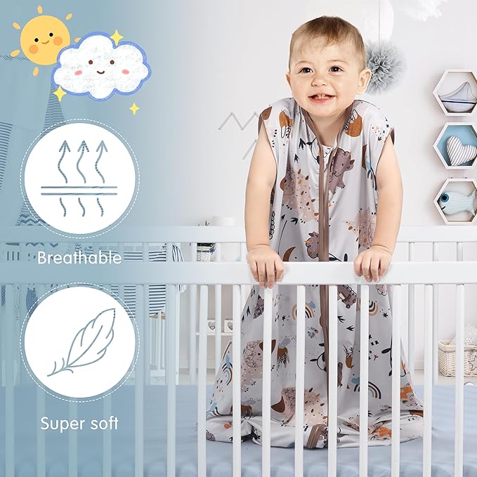 3 Pack Baby Sleep Sack 100% Rayon Cotton Baby Sleeping Bag 2-Way Zipper Toddler Wearable Blankets TOG 0.3. (Fox&Dinosaurs&Dark gray, 18-24 Months)