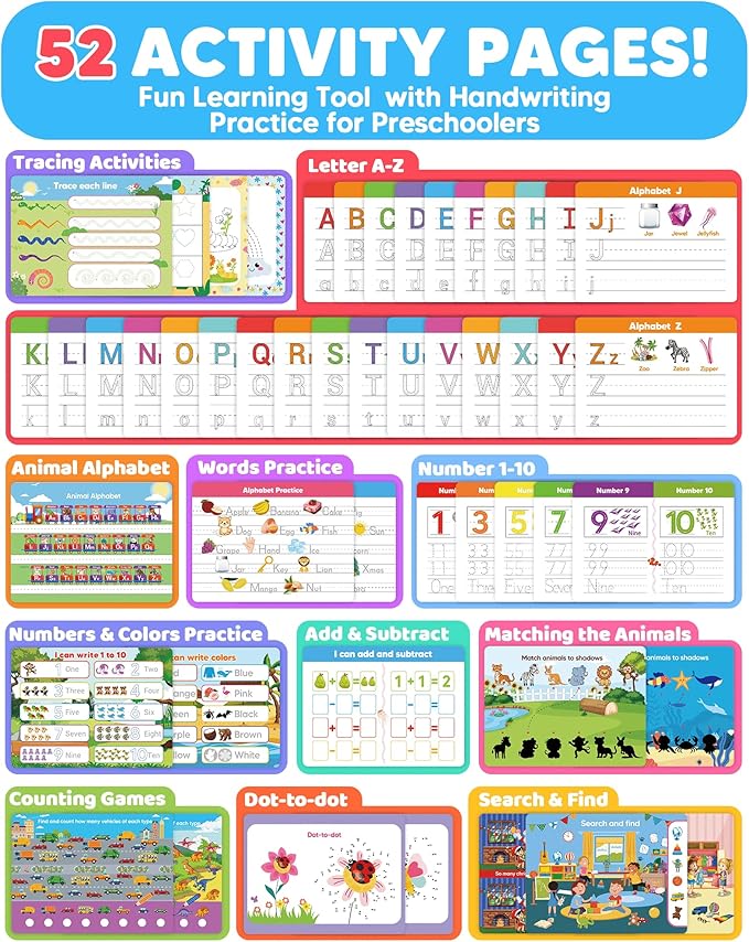 Preschool Learning Activities Kindergarten Workbooks, Toddler Busy Book Handwriting Practice, Coloring Tracing Activity Book for Kids 3-5, Montessori Educational Toys for 3 4 5 Year Old Boy Girl Gifts