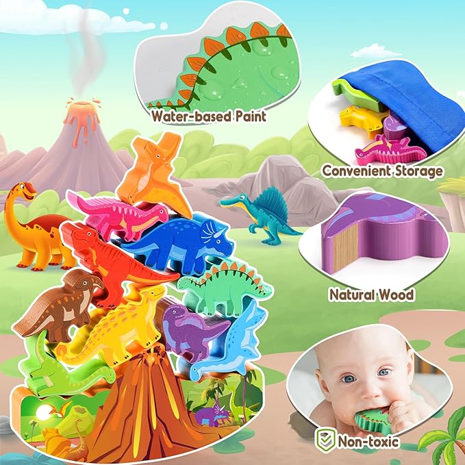 Dinosaur Toys for Kids 3-8 Kid Wooden Stacking Blocks Montessori Toy for 3 4 5 6 7 8 Year Old Boys Girls Christmas Birthday Gifts Toddler Balance Game Ages 3-5 Toys for Boy Girl Age 5-7