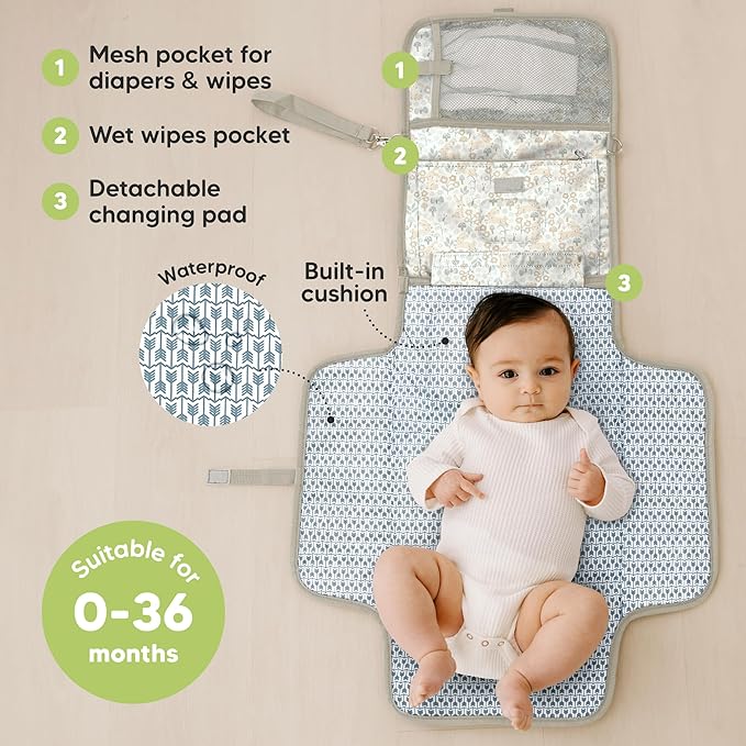 KeaBabies Portable Diaper Changing Pad - Large Waterproof Baby Changing Mat, Compact Travel Diaper Clutch, Functional Pockets Fit Newborn Essentials, Wipeable & Padded Baby Changer (Prairie)