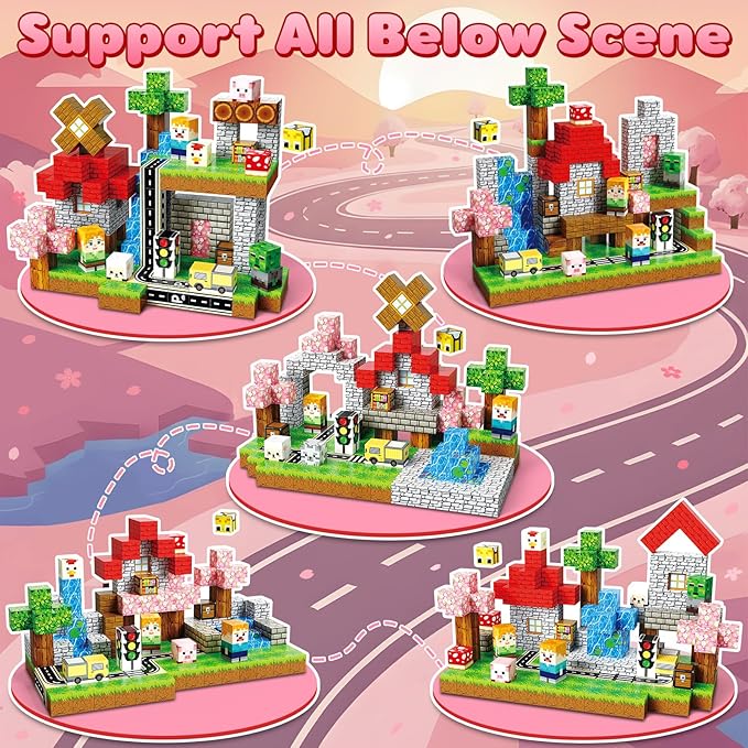 Magnetic Blocks, 200PCS Magnetic Building Blocks, Stacking Magnets for Kids, Sensory Toy for STEM Constructions Magnet Blocks for Boys Girls Age 3+, Christmas Birthday Gifts, Pink Sakura Traffic