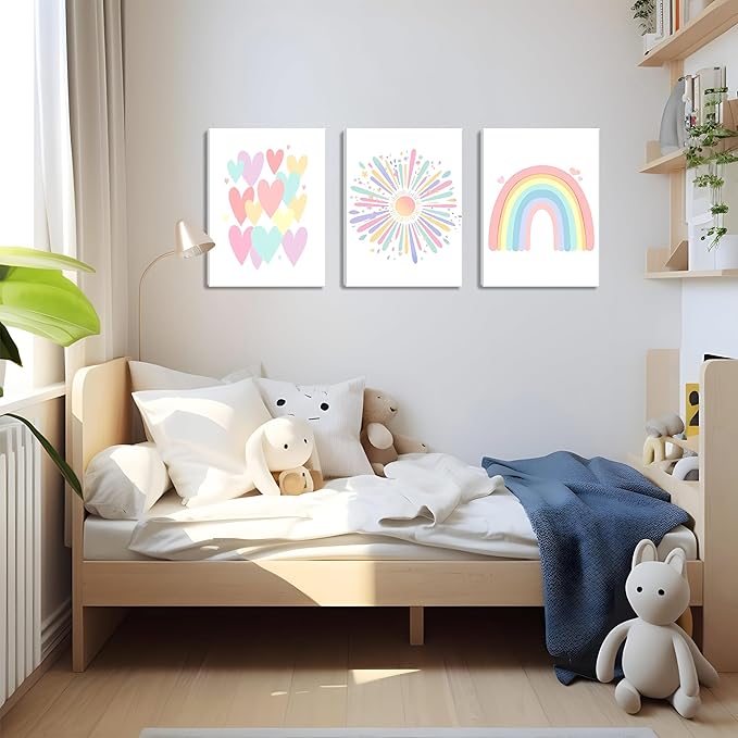 Framed Girls Rainbow Canvas Wall Art Set of 3, Colorful Boho Sun Nursery Wall Decor Painting, Kids Heart Picture Posters Prints for Classroom Kids Room Baby Room Bedroom Dorm Decor 16x24 In
