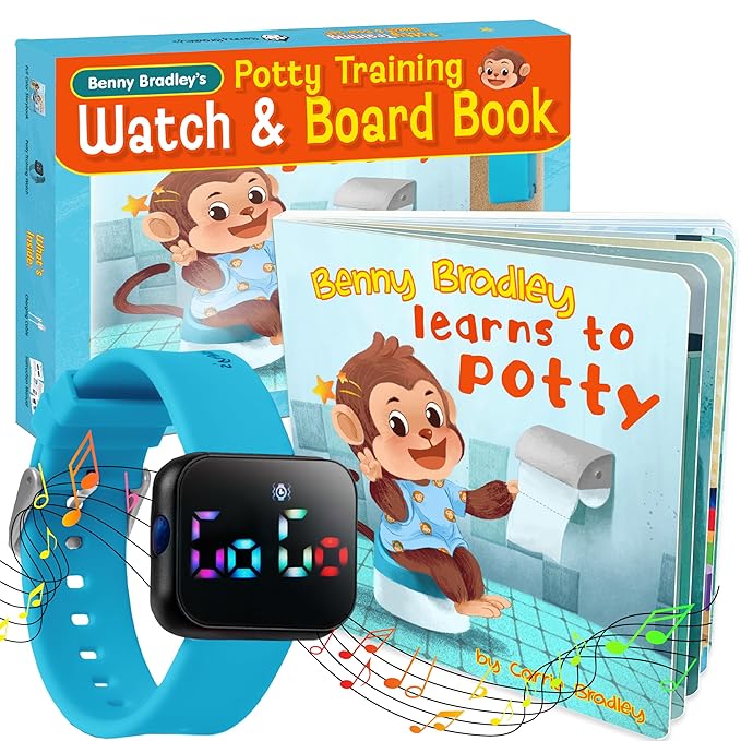 Potty Training Watch & Board Book for Kids – A Water Resistant Potty Reminder Device for Boys & Girls - Train Your Toddler with Fun Musical or Vibration Reminders and Printed Board Book (Blue)