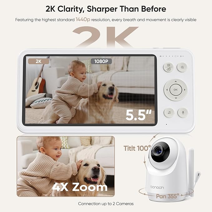 bonoch 2K 5.5" Split Screen Baby Monitor with 2 Cameras, 240hrs Battery Dual Video Monitor, White Noise, 1600ft Long-range, Hack-Proof No WiFi, Night Vision, Smart Detect for Cry/Sleep Turnover/Motion