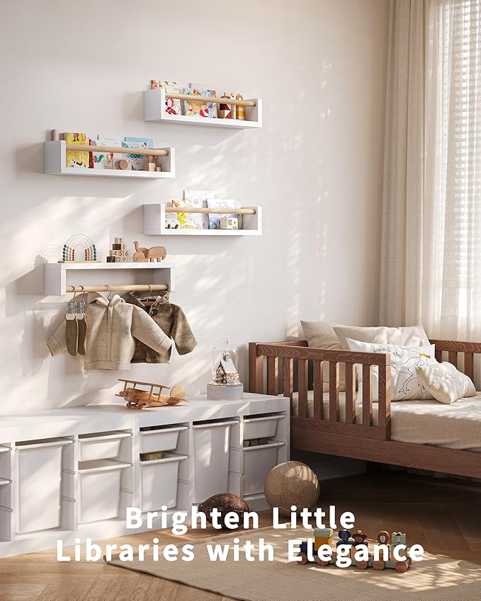 Nursery Book Shelves, 4 Pack, Wall Book Shelves for Kids Room, Baby, Toddler, Nursery Decor (White Wood, 16.5 Inches)