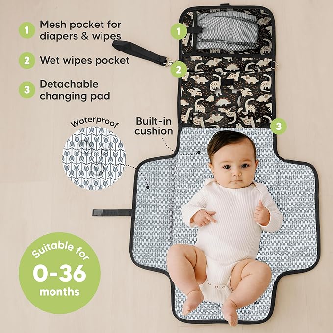 KeaBabies Portable Diaper Changing Pad - Large Waterproof Baby Changing Mat, Compact Travel Diaper Clutch, Functional Pockets Fit Newborn Essentials, Wipeable & Padded Baby Changer (Dino Ridge)