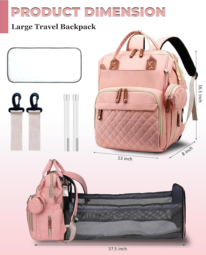 Diaper Bag with Changing Station, Waterproof 3 in 1 Baby Diaper Backpack with Foldable Changing Pad, Large Travel Back Pack for Baby Girl Boy, Peach Pink