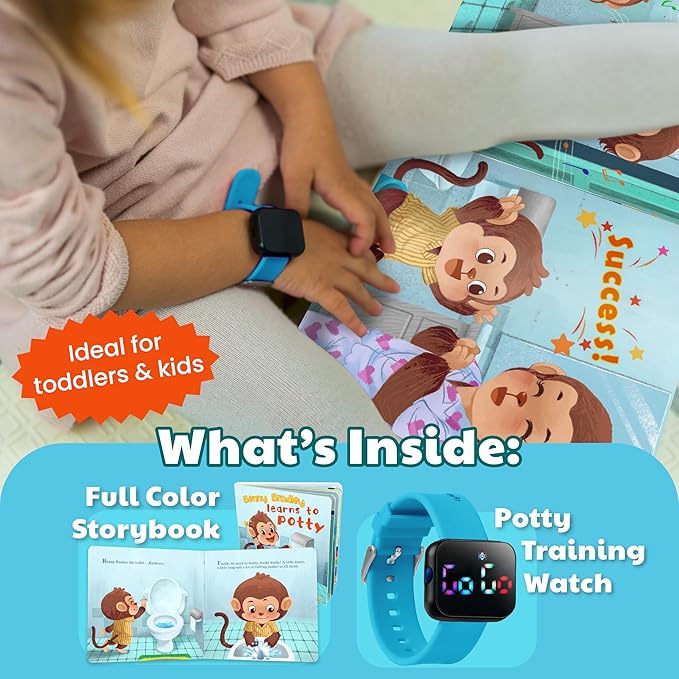 Potty Training Watch & Board Book for Kids – A Water Resistant Potty Reminder Device for Boys & Girls - Train Your Toddler with Fun Musical or Vibration Reminders and Printed Board Book (Blue)
