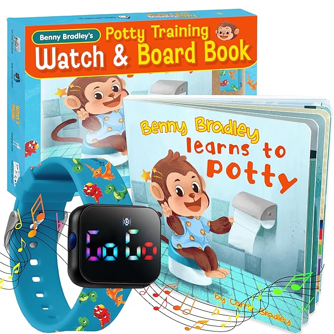 Potty Training Watch & Board Book for Kids – A Water Resistant Potty Reminder Device for Boys & Girls - Train Your Toddler with Fun Musical or Vibration Reminders and Printed Board Book (Dinosaur)
