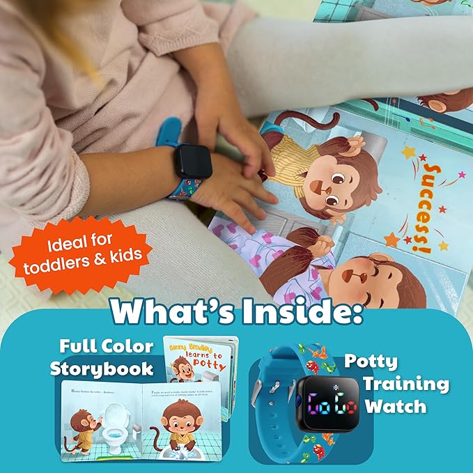 Potty Training Watch & Board Book for Kids – A Water Resistant Potty Reminder Device for Boys & Girls - Train Your Toddler with Fun Musical or Vibration Reminders and Printed Board Book (Dinosaur)