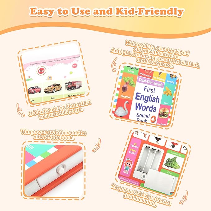 My First English Words Sound Book for Kids Ages 3-6, Interactive Toddler Books with 470+ Words & 21 Themes, Electronic Educational Toys for Boys & Girls, Speech Therapy Activities