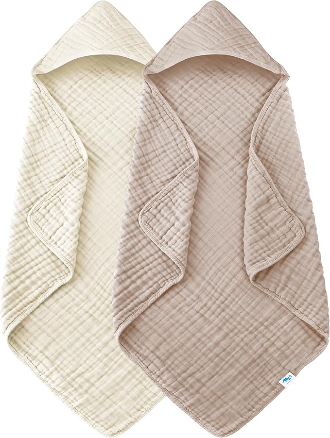 SWEET DOLPHIN Muslin Hooded Baby Bath Towels - 2 Pack 100% Cotton Towel for Babies, Infants, Toddlers - 32x32Inch - Highly Absorbent and Newborn Essential, Ivory and Brown