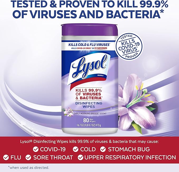Lysol Disinfectant Wipes, Multi-Surface Antibacterial Cleaning Wipes, Dorm Room Essentials For Disinfecting and Cleaning, Early Morning Breeze, 80 Count (Pack of 1)