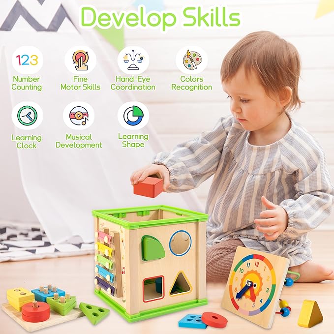 Wooden 7-in-1 Activity Cube| Montessori Toys for 1 2 3 Year Old Toddlers| Baby Educational Developmental Toys |One Year Old Boys Girls First Birthday Gifts |Bonus Sorting & Stacking Board