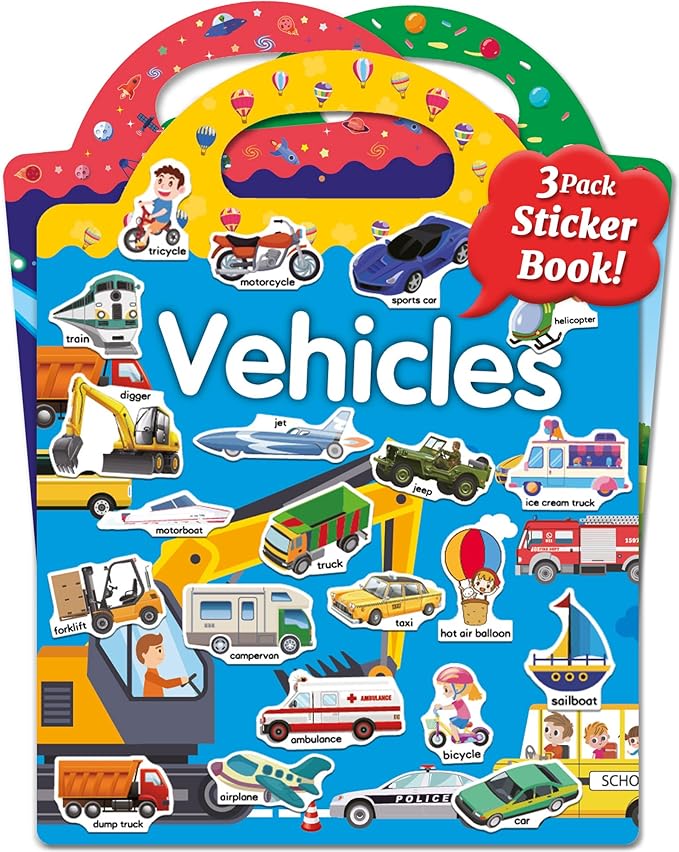 Benresive Reusable Sticker Book for Toddlers, Stickers for Kids, Toddler Travel Toys Activities Crafts Ages 3 and Up Easter Basket Stuffers Birthday Gifts - Farm, Space and Vehicle